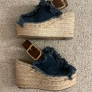 Navy Blue Denim Espadrille Wedge Sandals